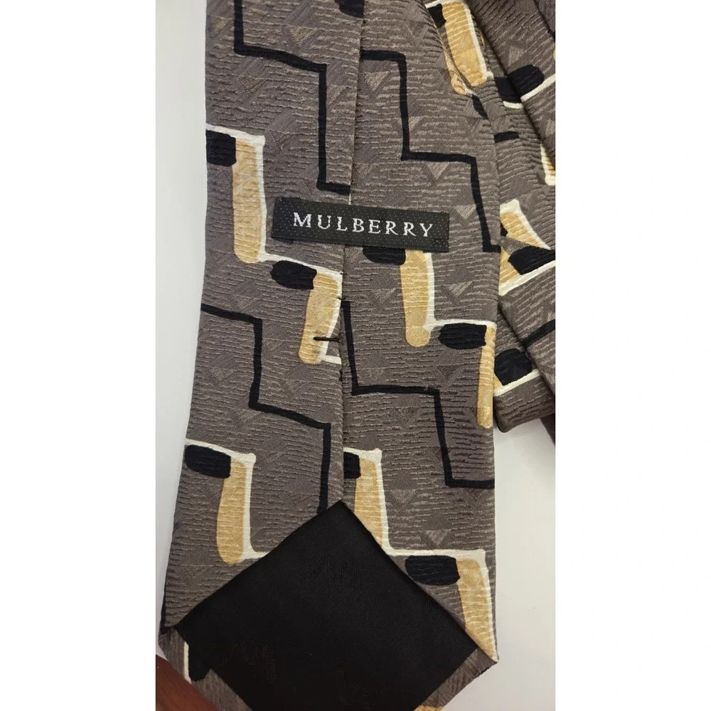 Vintage Mulberry Italy Silk Tie Greyish Abstract Geometric Designer Luxury Retro